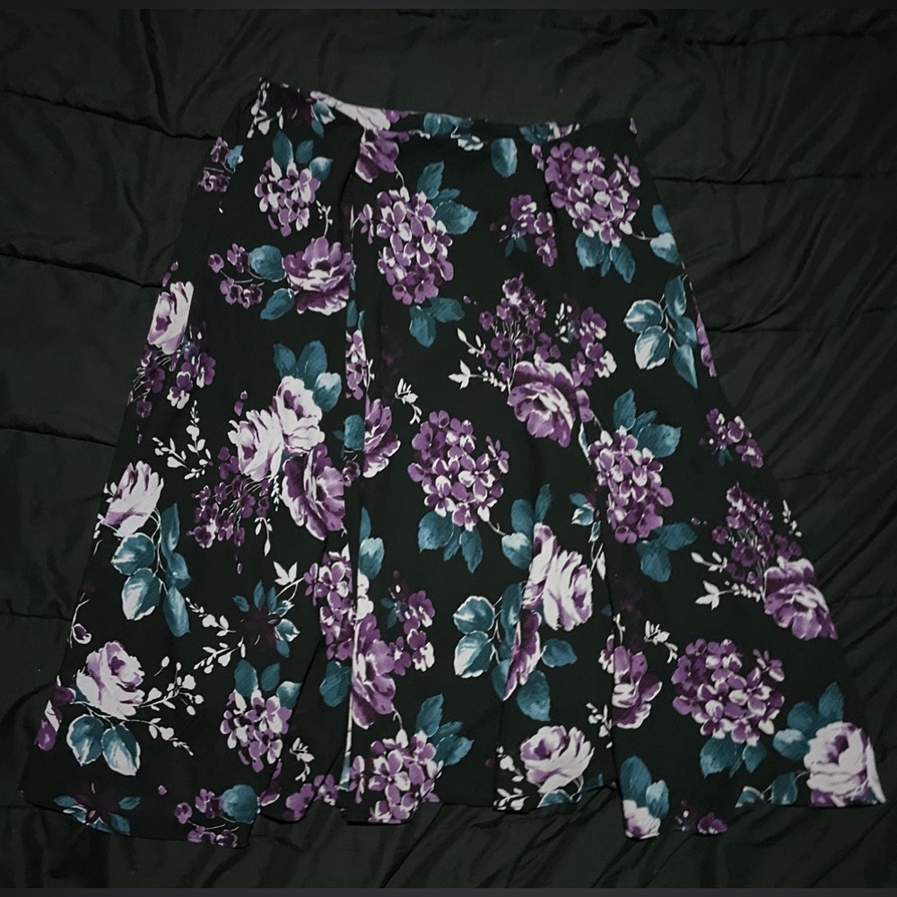 90s y2k black purple blue floral midi skirt